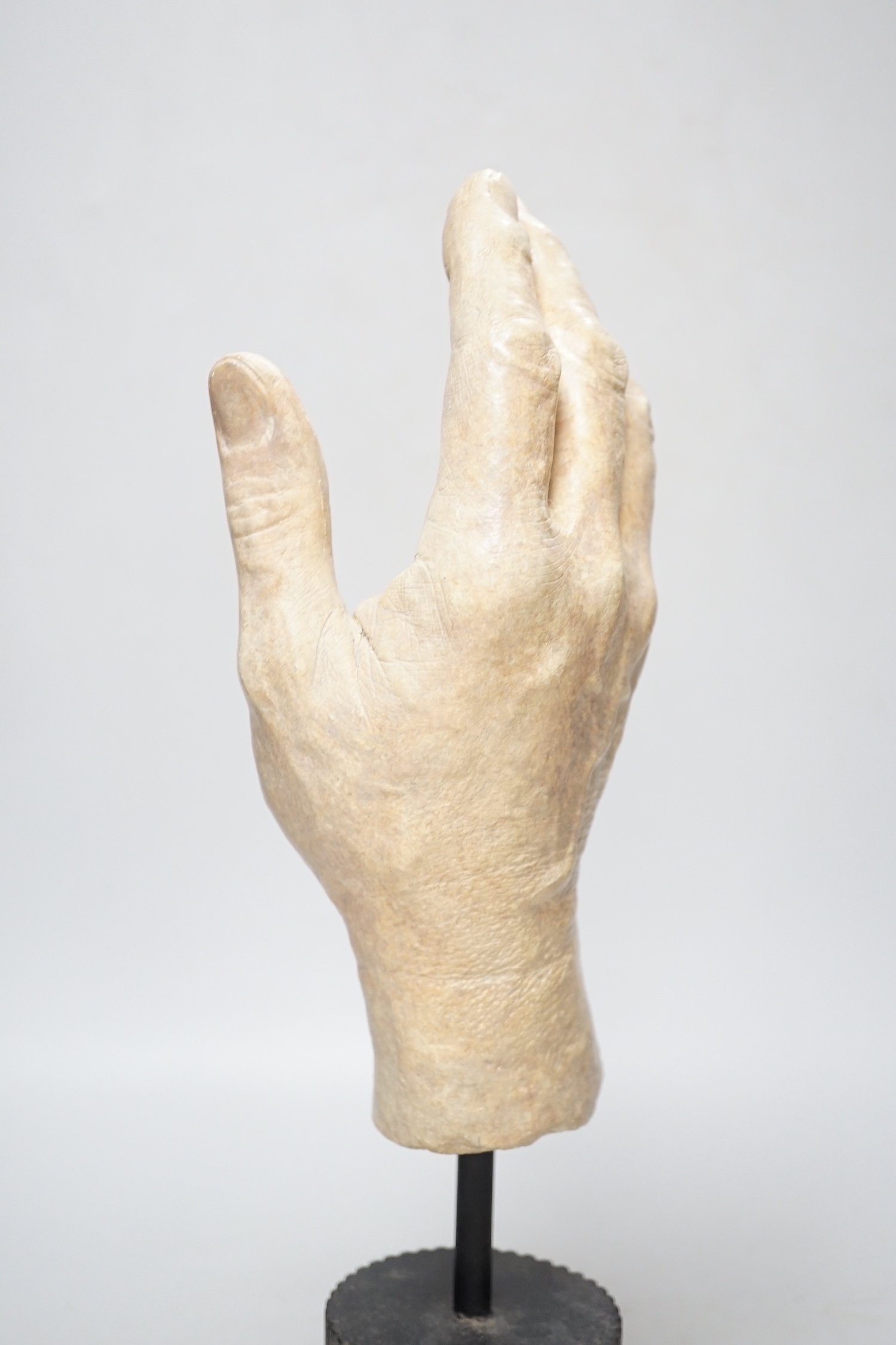 A composition model of a hand raised on a circular column base, 38cm high